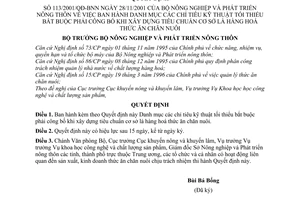 Quyết định 113/2001/QĐ-BNN Danh mục chỉ tiêu kỹ thuật tối thiểu bắt buộc công bố khi xây dựng tiêu chuẩn cơ sở là hàng  hoá thức ăn chăn nuôi