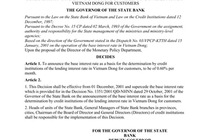 Decision No. 1498/2001/QD-NHNN of  November 29, 2001,  on the announcement of the base interest rate as a basis for the determination by credit institutions of the lending interest rate in Vietnam Dong for customers