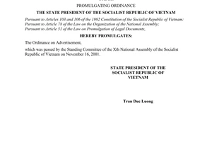 Order No. 14/2001/L-CTN of September 30, 2001, promulgated by the President for the Ordinance on Advertisement.