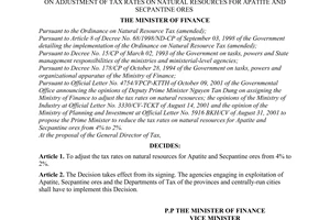 Decision No. 121/2001/QD-BTC of November 30, 2001, on adjustment of tax rates on natural resources for apatite and secpantine ores.