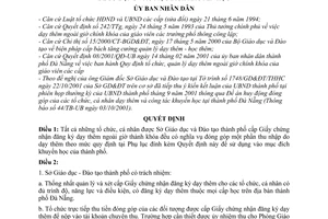 Quyết định 182/2001/QĐ-UB mức đóng góp tổ chức cá nhân dạy thêm ngoài giờ