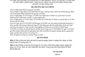 Quyết định 121/2001/QĐ-BTC điều chỉnh mức thuế suất thuế tài nguyên đối với quặng Apatít Séc-păng-tin