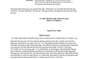 Thông báo 5036/TM-VP hiệp định Thương mại Việt Nam Hoa Kỳ có hiệu lực