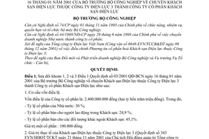 Quyết định 61/2001/QĐ-BCN chuyển Khách sạn Điện lực thành Công ty cổ phần Khách sạn Điện lực sửa đổi Quyết định  03/2001/QĐ-BCN