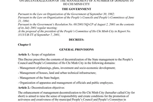 Decree of Government No. 93/2001/ND-CP, on decentralization of the management of a number of domains to Ho Chi Minh city.
