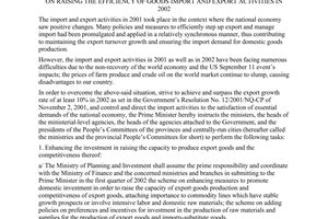 Dirrective No. 31/2001/CT-TTg, on raising the efficiency of goods import and export activities in 2002, promulgated by the Prime Minister of Government.