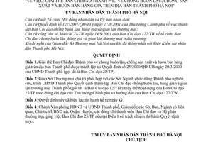 Quyết định 124/2001/QĐ-UB giải thể Ban Chỉ đạo Thành phố về chống buôn lậu, sản xuất buôn bán hàng giả trên địa bàn Hà Nội