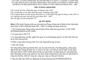 Quyết định 190/2001/QĐ-TTg phê duyệt Chương trình mục tiêu quốc gia phòng chống bệnh xã hội dịch nguy hiểm HIV/AIDS giai đoạn 2001-2005