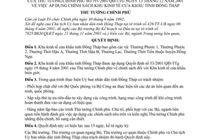 Quyết định 191/2001/QĐ-TTg áp dụng chính sách Khu kinh tế cửa khẩu tỉnh Đồng Tháp