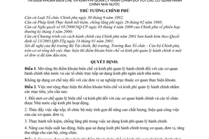 Quyết định 192/2001/QĐ-TTg mở rộng thí điểm khoán biên chế kinh phí quản lý hành chính đối với cơ quan hành chính nhà nước