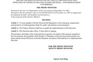 Decision no. 193/2001/QD-TTg of December 20, 2001 issuing the regulation on the setting up, organization and operation of credit guarantee funds for small- and medium-sized enterprises