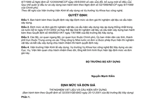 Quyết định 32/2001/QĐ-BXD Định mức đơn giá thí nghiệm vật liệu