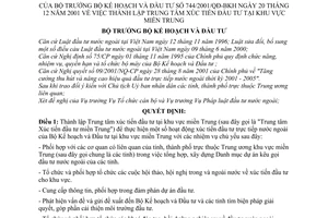 Quyết định 744/2001/QĐ-BKH thành lập Trung tâm Xúc tiến đầu tư khu vực miền Trung