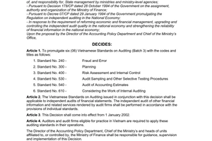Decision No. 143/2001/QD-BTC of December 21, 2001, on the issuance and publication of six Vietnamese standards on auditing (batch 3).