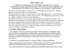 Joint circular no. 103/2001/TTLT/BTC-BVGCP-BVHTT-BNG of December 24, 2001 guiding the subsidies for transport freight of cultural publications and airfares for art troupes traveling abroad for performance in service of overseas Vietnamese communities