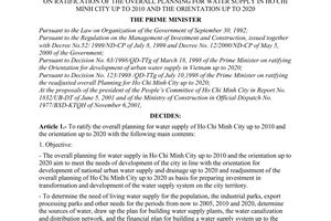 Decision no. 1600/QD-TTg of December 24, 2001 on ratification of the overall planning for water supply in Ho Chi Minh city up to 2010 and the orientation up to 2020