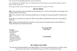 Quyết định 86/2001/QĐ-UBND hỗ trợ kinh phí đào tạo bồi dưỡng thu hút