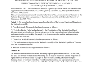 Law no. 31/2001/QH10 of December 25, 2001 amending and supplementing a number of articles of the law on election of deputies to the national assembly