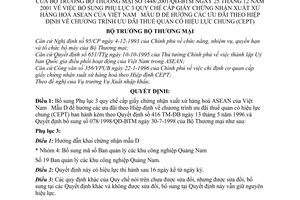Quyết định 1448/2001/QĐ-BTM bổ sung phụ lục 3 Quy chế cấp giấy chứng nhận xuất xứ hàng hoá ASEAN của Việt Nam - Mẫu D hưởng ưu đãi theo Hiệp định CFPT