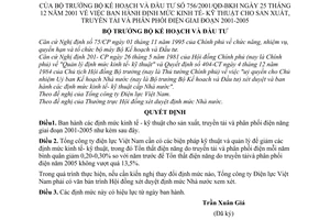 Quyết định 756/2001/QĐ-BKH định mức kinh tế kỹ thuật cho sản xuất, truyền tải phân phối điện giai đoạn 2001-2005