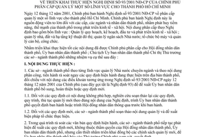 Chỉ thị 37/2001/CT-UB triển khai thực hiện Nghị định 93/2001/NĐ-CP Chính phủ phân cấp quản lý một số lĩnh vực thành phố Hồ Chí Minh