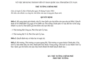 Quyết định 1622/QĐ-TTg  bổ sung thành viên Ủy ban Quốc gia tìm kiếm cứu nạn