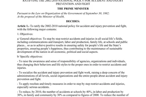 Decision no. 197/2001/QD-TTg of December 27, 2001 ratifying the 2002-2010 national policy for accident and injury prevention and fight