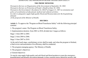 Decision no. 198/2001/QD-TTg of December 28, 2001 approving the program on blood transfusion safety