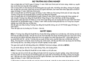 Quyết định 65/2001/QĐ-BCN chức năng, nhiệm vụ, quyền hạn tổ chức bộ máy Trường Cao đẳng Kỹ thuật Mỏ