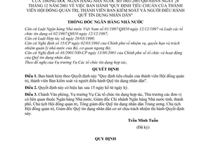 Quyết định 1603/2001/QĐ-NHNN  tiêu chuẩn của thành viên Hội đồng quản trị thành viên Ban kiểm soát người điều hành Quỹ tín dụng nhân dân