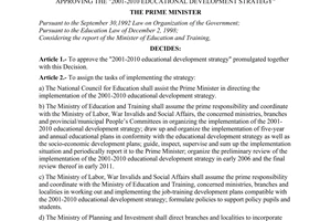 Decision no. 201/2001/QD-TTg of December 28, 2001 approving the "2001-2010 educational development strategy"