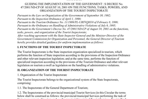 Circular No. 05/2001/TT-TCDL, promulgated by the General Department of Tourism, guiding the implementation of the Government's Decree No. 47/2001/ND-CP of August 10, 2001 on the functions, tasks, powers, and organization of the Tourist Inspectorate.