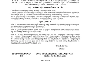 Quyết định 4597/2001/QĐ-BGTVT kiểu loại phương tiện giao thông cơ giới đường bộ được phép tham gia giao thông