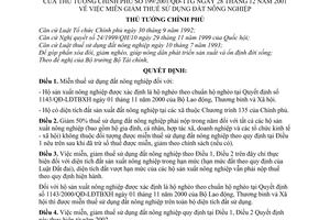 Quyết định 199/2001/QĐ-TTg miễn giảm thuế sử dụng đất nông nghiệp