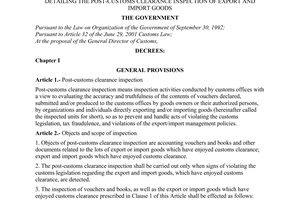 Decree no. 102/2001/ND-CP of December 31, 2001 detailing the post-customs clearance inspection of export and import goods