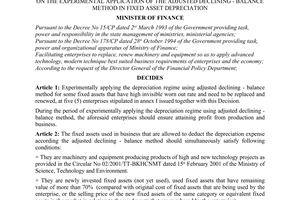 Decision no. 2000/QD-BTC of December 31, 2001 on the experimental application of the adjusted declining - balance method in fixed asset depreciation
