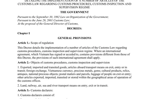 Decree no. 101/2001/ND-CP of December 31, 2001 detailing the implementation of a number of articles of the customs law regarding customs procedures, customs inspection and supervision regime
