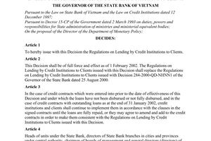 Decision No. 1627/2001/QD-NHNN of December 31, 2001, on issuing regulations on lending by credit institutions to clients.