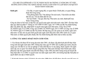 Công văn 11722/TC/NSNN hướng dẫn công tác khoá sổ kế toán cuối năm và lập báo cáo quyết toán ngân sách nhà nước năm 2001