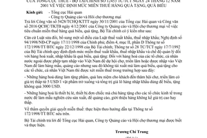 Công văn định mức miễn thuế hàng quà tặng, quà biếu