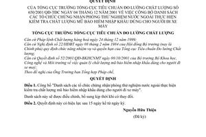 Quyết định 650/2001/QĐ-TĐC danh sách tổ chức chứng nhận phòng thử nghiệm nước ngoài thực hiện kiểm tra chất lượng mũ bảo hiểm nhập khẩu