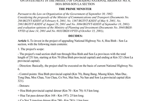 Decision No. 1546/QD-TTg, on investment in the project of upgrading national highway No. 6, Hoa Binh-Son La section, promulgated by the Prime Minister of Government.