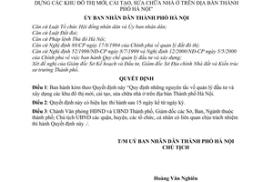 Quyết định 123/2001/QĐ-UB nguyên tắc quản lý đầu tư xây dựng khu đô thị mới cải tạo sửa chữa nhà ở địa bàn Hà Nội