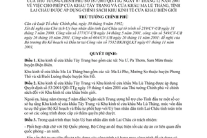 Quyết định 187/2001/QĐ-TTg cho phép cửa khẩu Tây Trang  Ma Lù Thàng, tỉnh Lai Châu áp dụng chính sách Khu kinh tế cửa khẩu biên giới