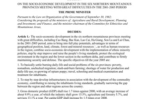 Decision No. 186/2001/QD-TTg, on the socio-economic development in the six northern mountainous provinces meeting with great difficulties in the 2001-2005 period, promulgated by the Prime Minister of Government.