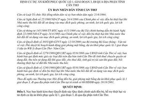 Quyết định 71/2001/QĐ-UB đền bù hỗ trợ thiệt hại tái định cư dự án khôi phục Quốc lộ 1 Cần Thơ