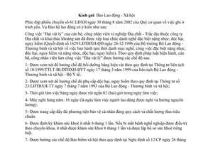 Công văn 3238/LĐTBXH-BHLĐ chế độ  người lao động làm các nghề, công việc đặc biệt nặng nhọc độc hại nguy hiểm