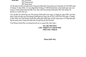 Công văn 156/VPCP-KTTH nhập khẩu 17000 bộ linh kiện xe máy của công ty TNHH Bắc Sơn