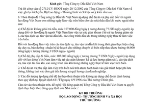 Công văn 76/LĐTBXH-TL chế độ ăn và phụ cấp làm việc trên biến đổi với lao động thuộc ngành Dầu khí