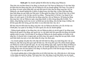 Công văn 115/QLLĐNN-TTLĐ công tác quản lý lao động làm việc tại Malaysia